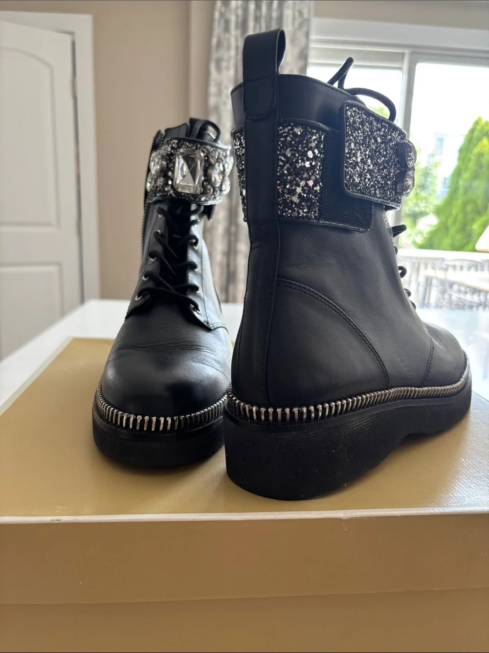 Michael Kors Black Lace-Up Leather HASKELL Boots with Jeweled Glitter Cuff
